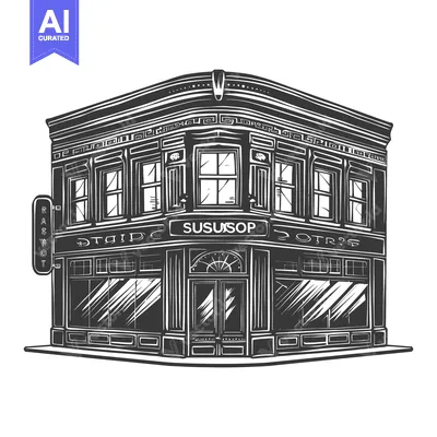 Aset desain premium: Black and white drawing of a corner building illustration