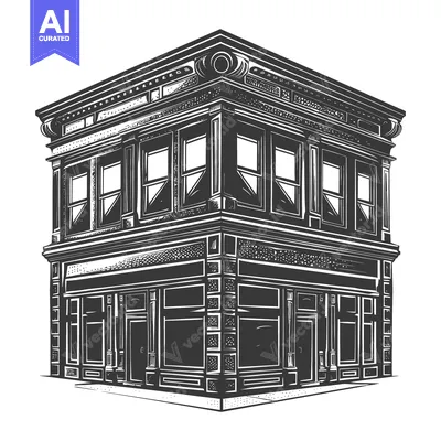 Aset premium populer: A detailed architectural illustration of a corner commercial building