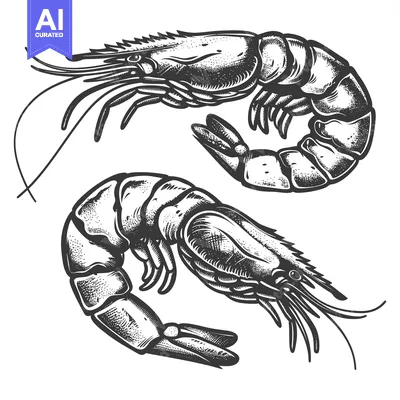 Two detailed black and white shrimp illustrations on a white backdrop