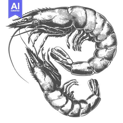 Two detailed illustrations of large shrimp depicted from the side