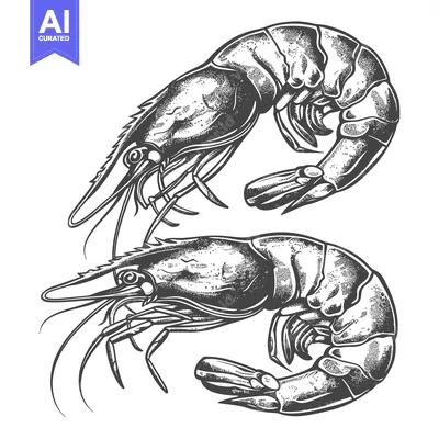Detailed illustration features two detailed shrimp with long antennae