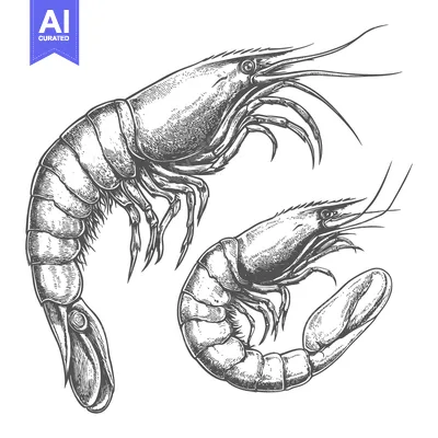 Detailed black and white illustration of two shrimp on white backgroun