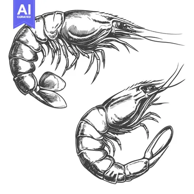 Two intricately detailed drawings depicting different types of shrimp