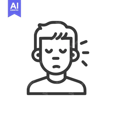 Ear Pain Icon: Man Suffering from Otalgia, Line Art Illustration