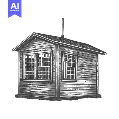 A detailed illustration depicts a small wooden cabin with chimney on r