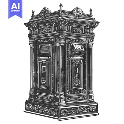 An ornate vintage letter box illustration in a detailed monochrome sty