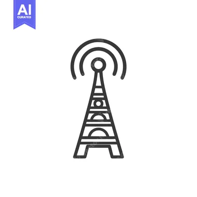 Minimalist Radio Tower Icon with Signal Waves in Black Outline