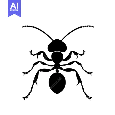 Black and white silhouette of an ant with six legs and antennae