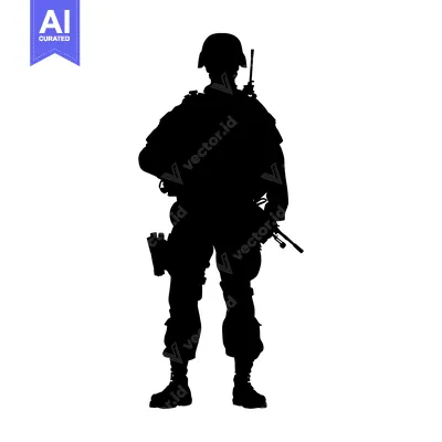 Silhouette of a Soldier Holding a Rifle and Radio
