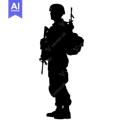 Silhouette of a Soldier Holding a Rifle and Wearing a Backpack