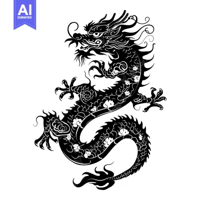 Premium design asset: Black and White Silhouetted Chinese Dragon with Floral Details