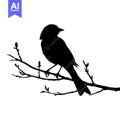 Silhouette of a Bird Perched on a Branch with Buds