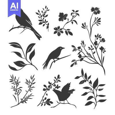 Silhouette Birds and Branches with Flowers
