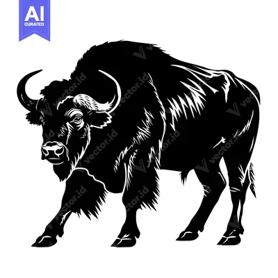 Aset desain premium: Black and White Silhouette of a Majestic Bison.