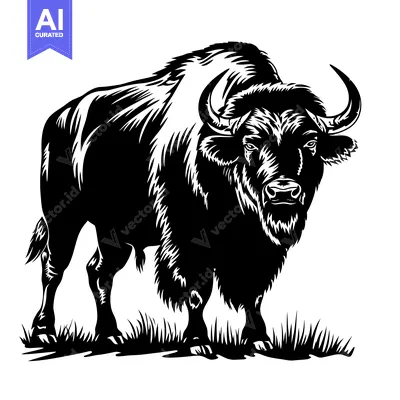 Aset premium populer: Powerful Bison Standing in Grassy Field, Black and White Illustration.