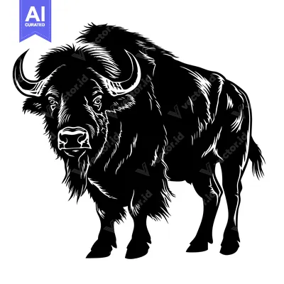 Aset desain premium: Powerful Bison Illustration in Black and White.
