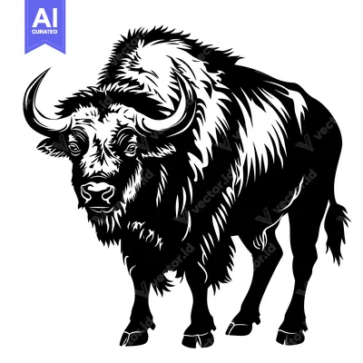 Majestic Bison Standing Proudly in a Stylized Black and White Illustra