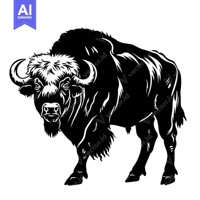 Aset premium populer: Black and White Illustration of a Majestic Bison Standing Proudly.