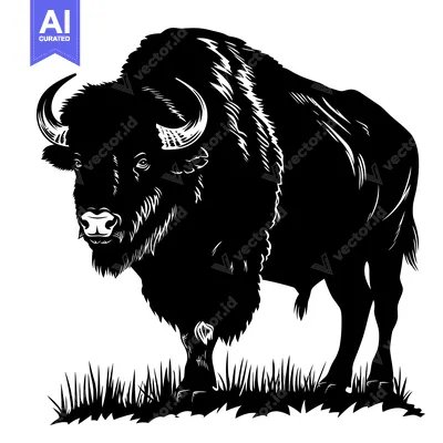 Powerful Bison Standing in Grassy Field Black and White Illustration.