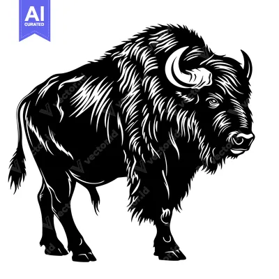 Aset premium populer: Black and White Illustration of a Majestic Bison Standing Proudly.