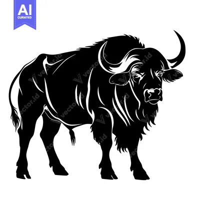 Silhouette of a powerful bull with large horns and a shaggy mane, stan
