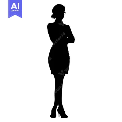 Aset premium populer: Silhouette of a woman with arms crossed, wearing a dress and heels