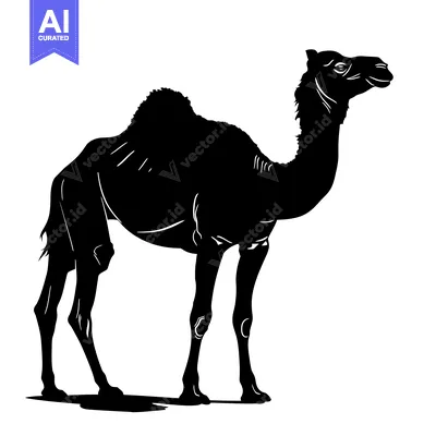 Aset desain premium: Silhouette of a Camel Standing in a Desert Landscape.