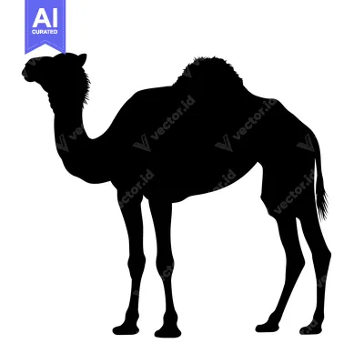 Aset desain premium: Silhouette of a Dromedary Camel Standing on a White Background.
