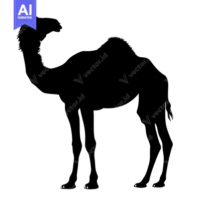Aset desain premium: Silhouette of a Dromedary Camel Standing Against a White Background.