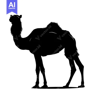 Silhouette of a Dromedary Camel Standing Isolated on White Background.