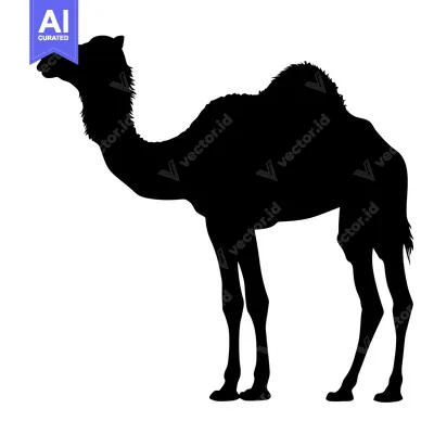 Aset desain premium: Silhouette of a Camel Standing in a Desert Landscape.