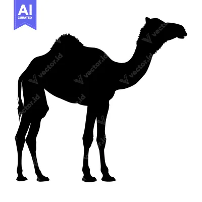 Silhouette of a Camel Standing Against a White Background.
