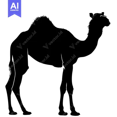 Silhouette of a Camel Standing Against a White Background.