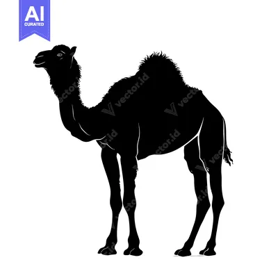 Silhouette of a Camel Standing Against a White Background.