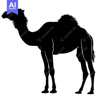 Silhouette of a Dromedary Camel Standing on a White Background.