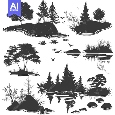 Aset desain premium: Silhouette Collection of Forest, River, and Island Landscapes