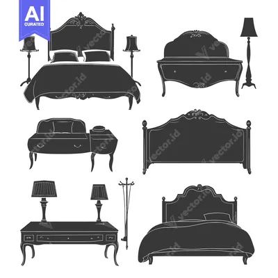 Aset premium populer: Silhouette Collection of Ornate Beds, Dressers, and Lamps