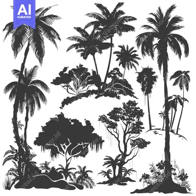 Aset premium populer: Silhouette Collection of Palm Trees and Tropical Foliage
