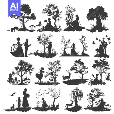 Aset premium populer: Silhouette Collection of People, Trees, and Animals in a Forest Settin