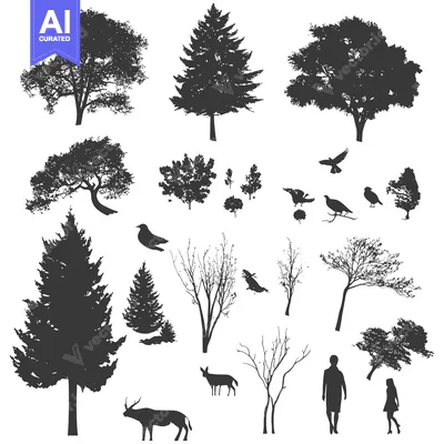 Aset desain premium: Silhouette Collection of Trees, Animals, and People