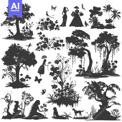 Aset desain premium: Silhouette Collection of Trees, Flowers, Birds, and Animals