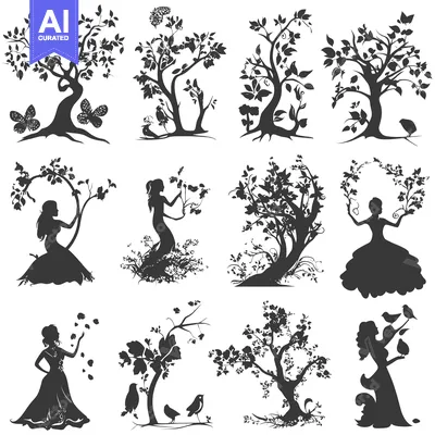 Aset premium populer: Silhouette Collection of Trees, Women, Birds and Butterflies
