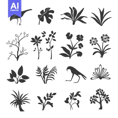 Premium design asset: Silhouette Collection of Various Birds, Flowers, and Plants