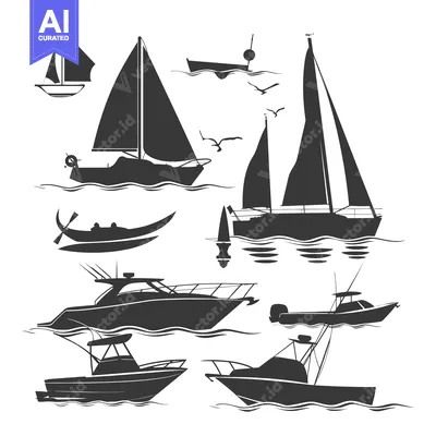 Silhouette Collection of Various Boats Sailing on the Sea