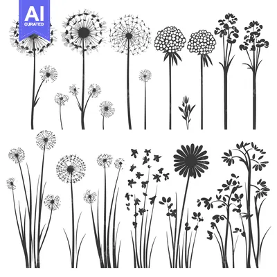Aset desain premium: Silhouette Collection of Various Wildflowers and Dandelions