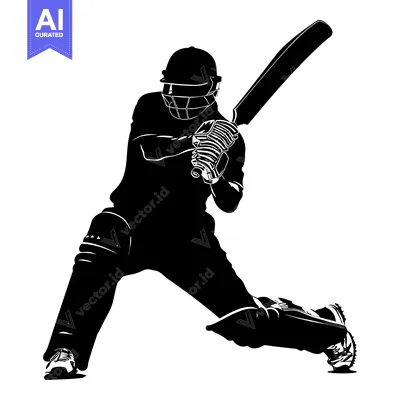 Black and White Silhouette of a Cricket Player Batting