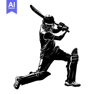 Cricket Player Striking a Ball in Full Gear Silhouette