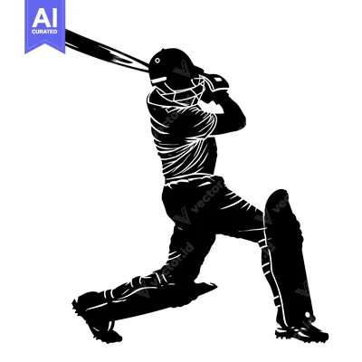 Black and White Silhouette of a Cricket Player Swinging a Bat
