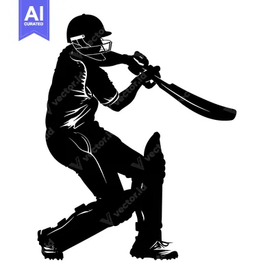 Cricket Player Silhouette Swinging Bat in Defensive Stance