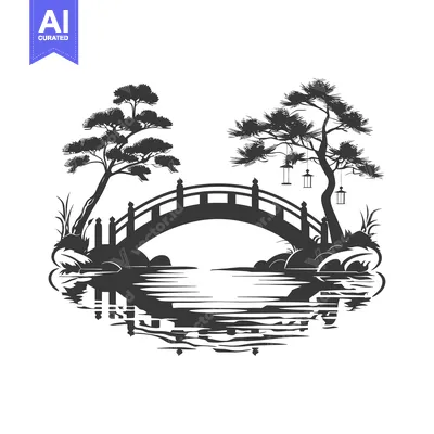 Aset desain premium: Silhouetted Bridge and Trees Over a Reflective Pond
